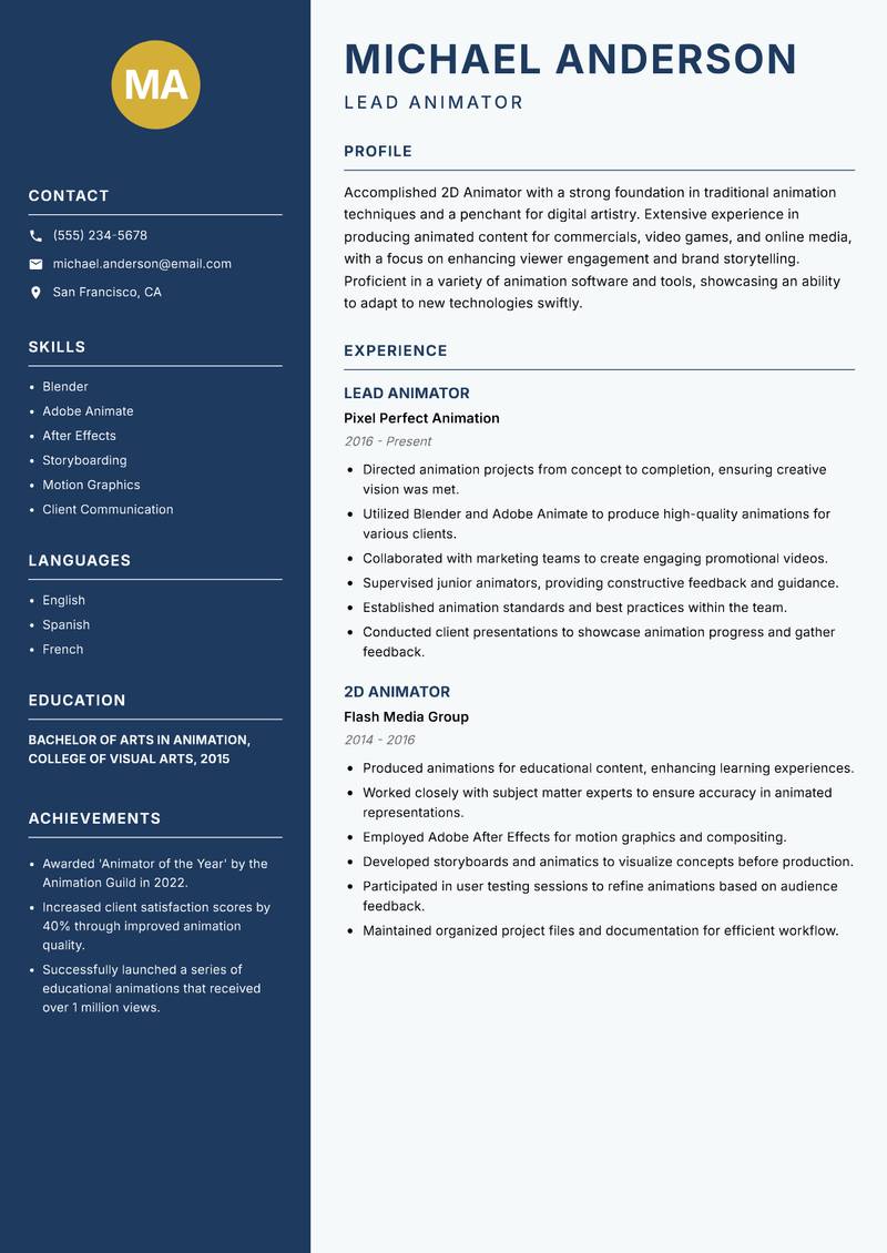 2D Animator Resume Preview Example