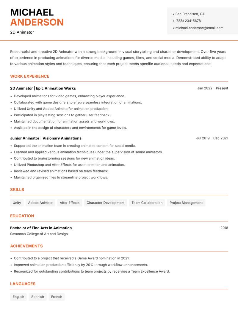2D Animator Resume Template