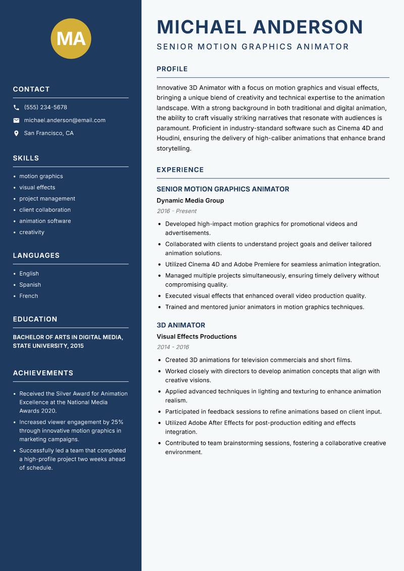 3D Animator Resume Preview Example