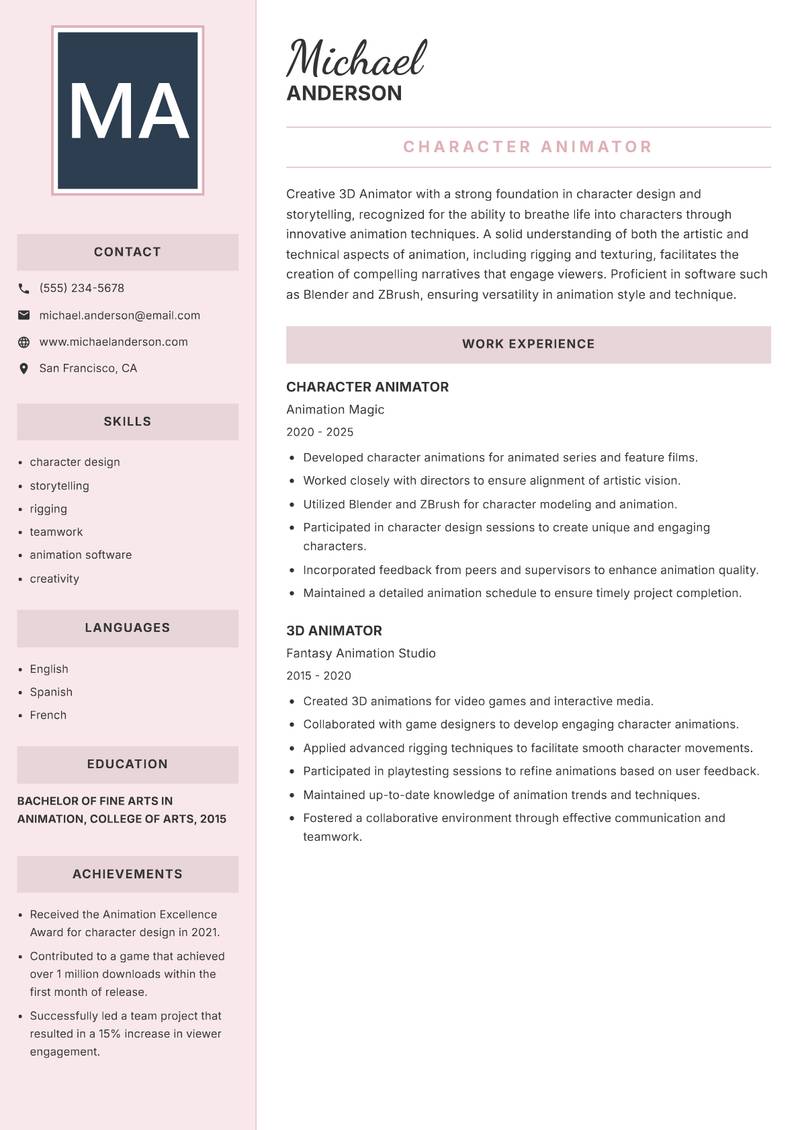 3D Animator Resume Preview Example