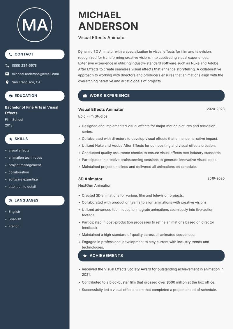 3D Animator Resume Preview Example