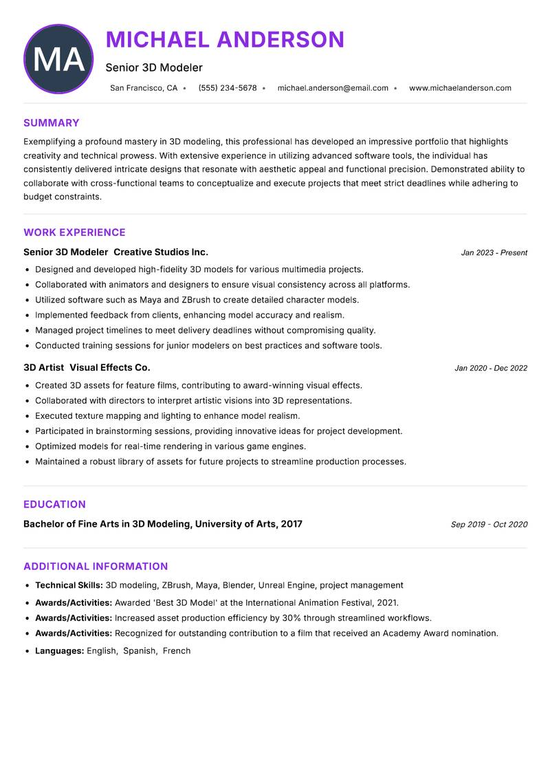 3D Modeler Resume Preview Example