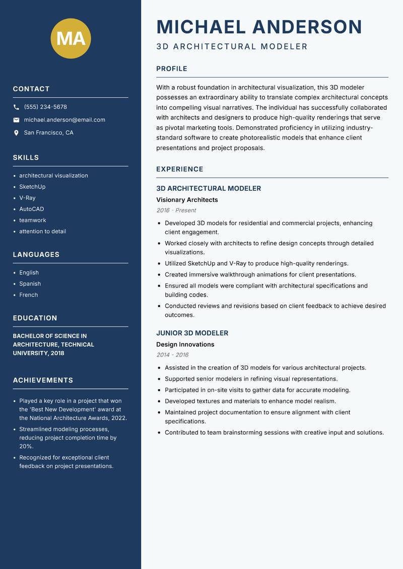 3D Modeler Resume Preview Example