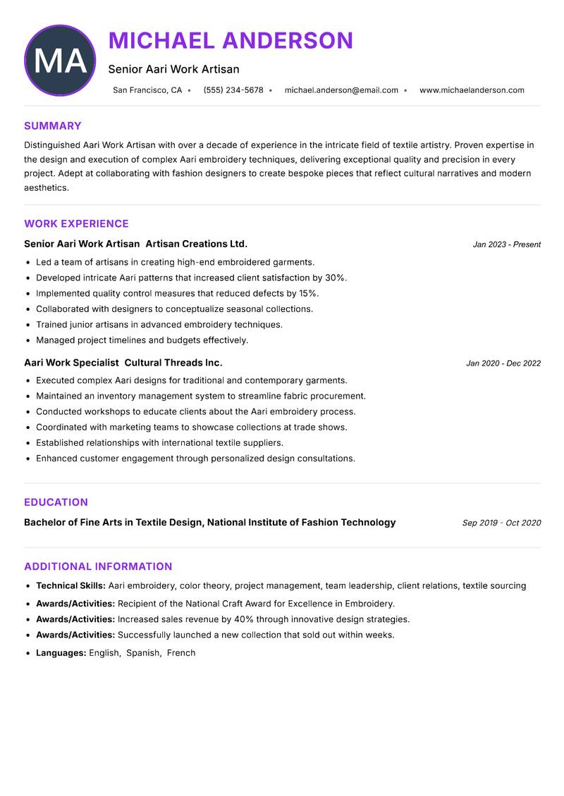 Aari Work Artisan Resume Preview Example