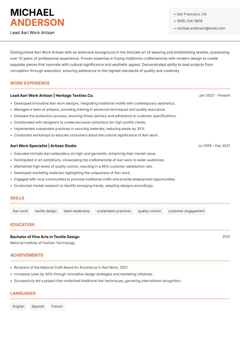 Aari Work Artisan Resume Template