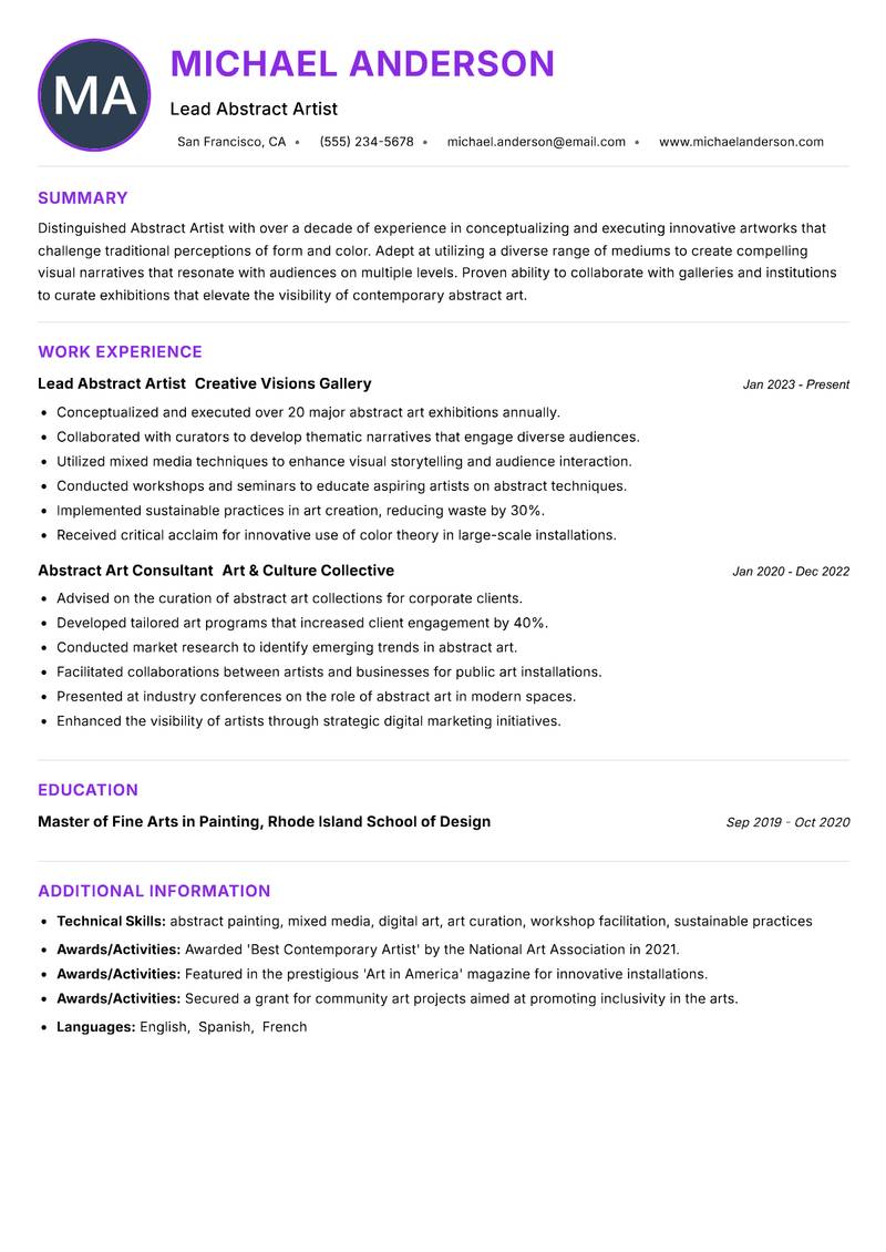 Abstract Artist Resume Preview Example