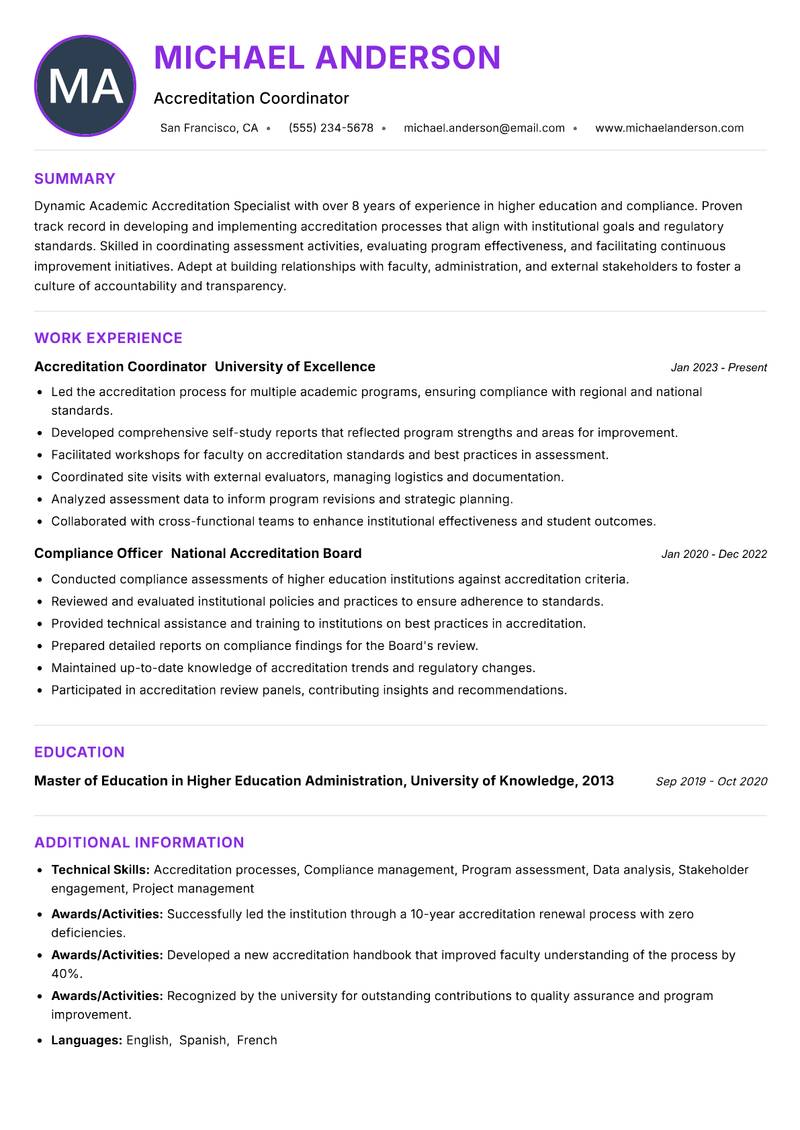 Academic Accreditation Specialist Resume Preview Example