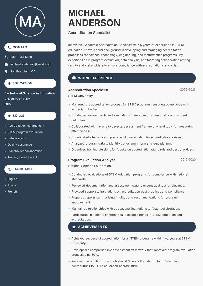Academic Accreditation Specialist Resume Preview Example