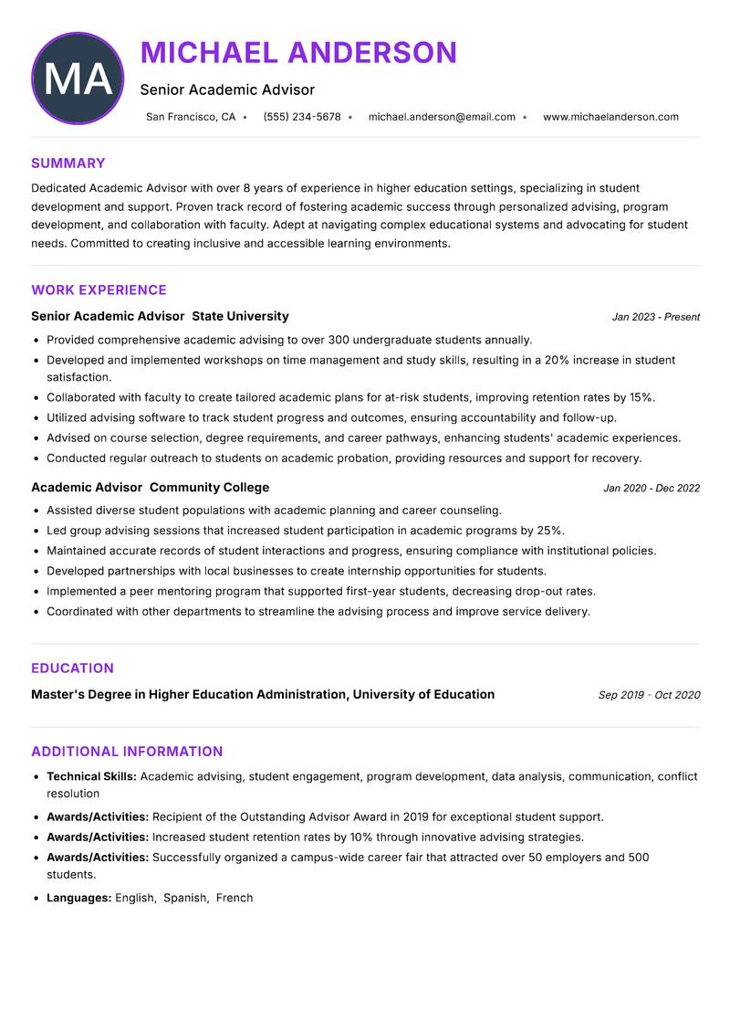 Academic Advisor Resume Preview Example