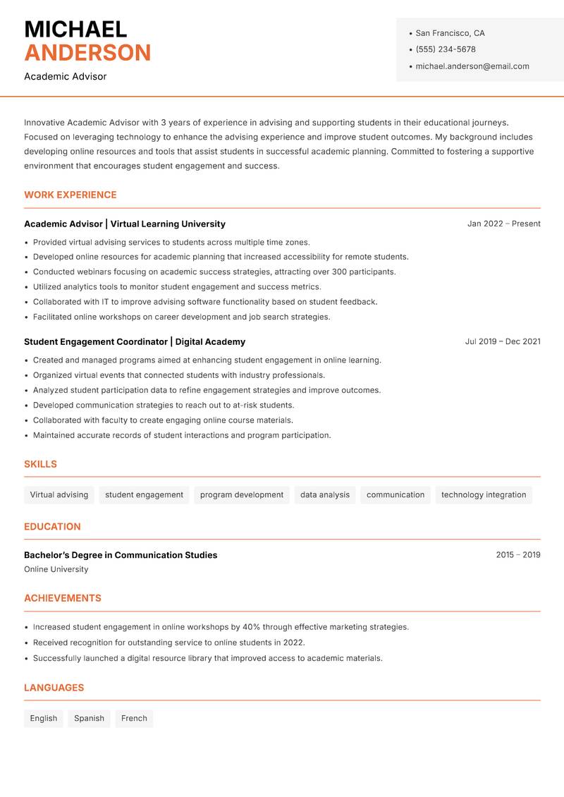 Academic Advisor Resume Template