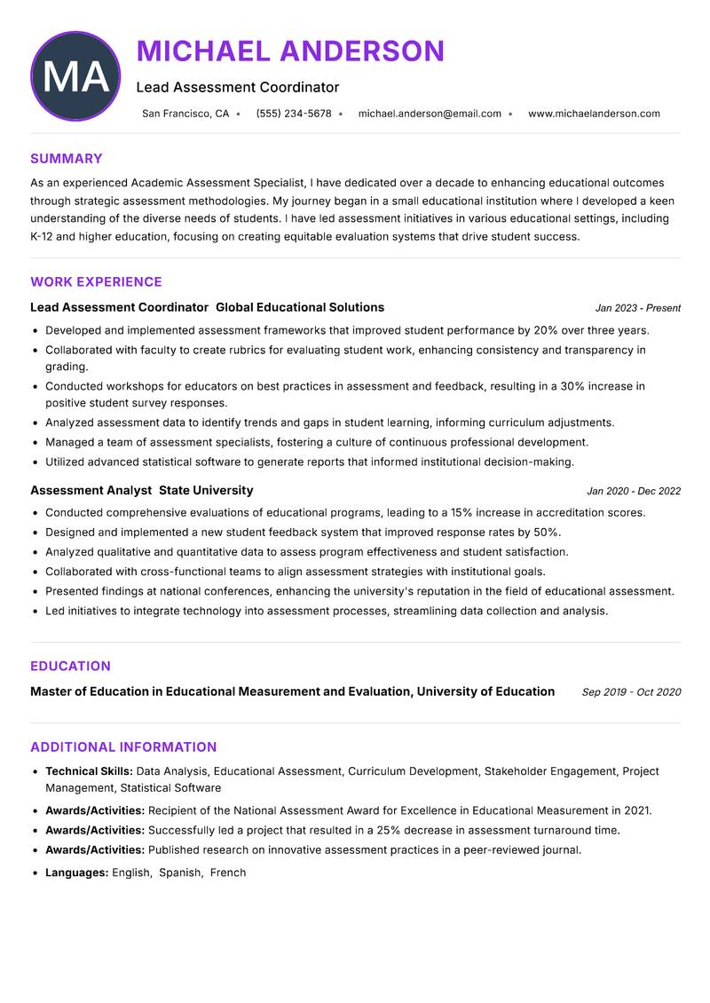 Academic Assessment Specialist Resume Preview Example