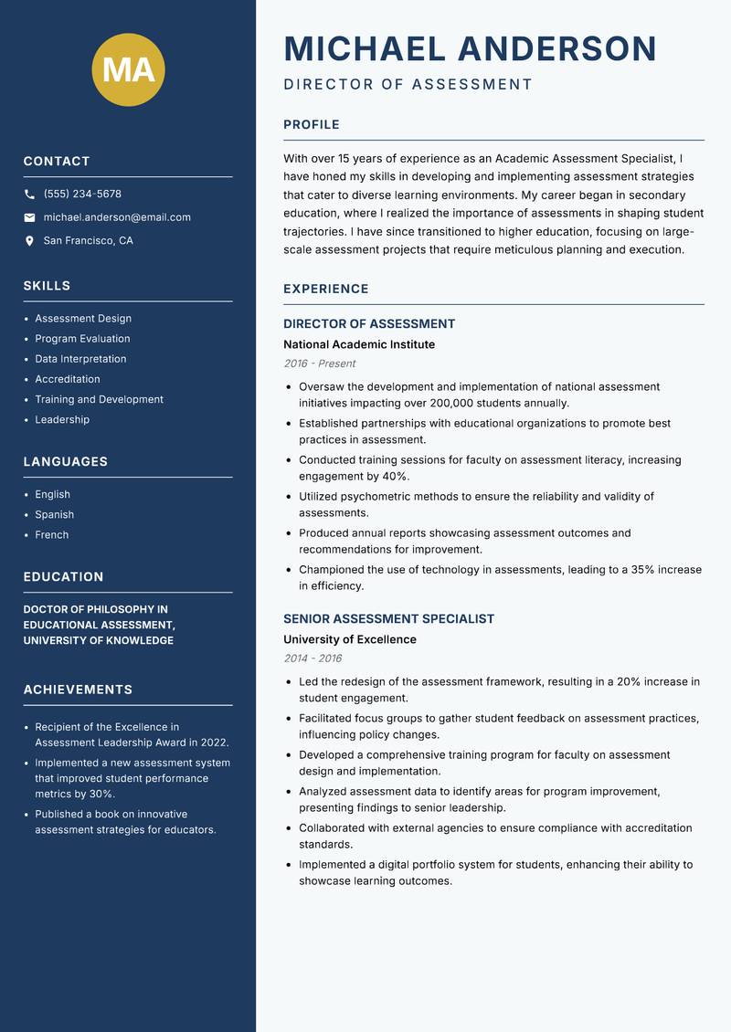 Academic Assessment Specialist Resume Preview Example