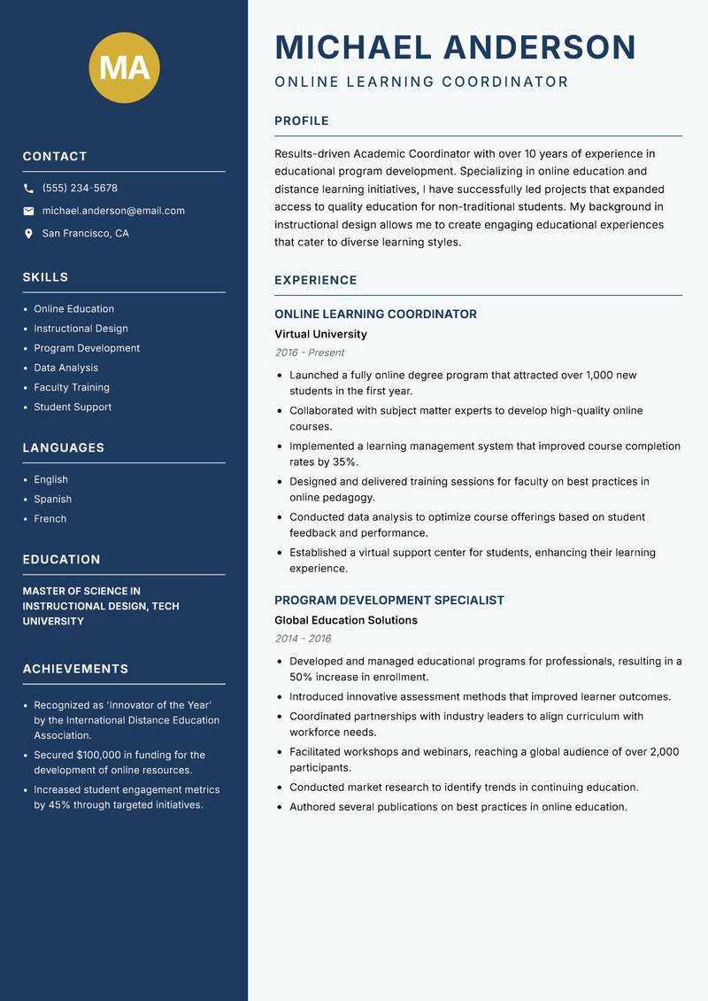 Academic Coordinator Resume Preview Example