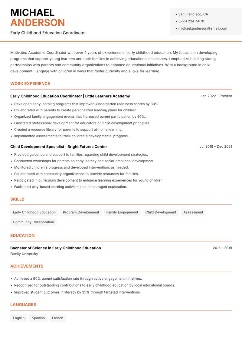 Academic Coordinator Resume Template