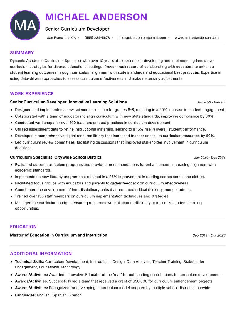 Academic Curriculum Specialist Resume Preview Example
