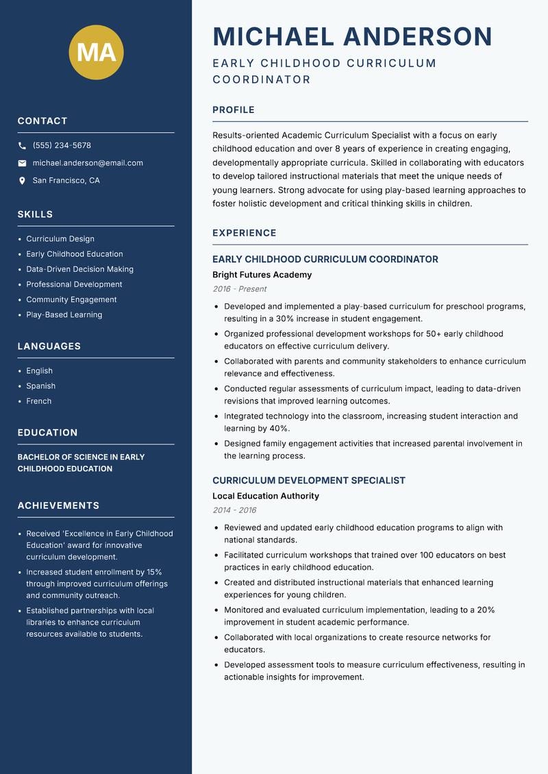 Academic Curriculum Specialist Resume Preview Example