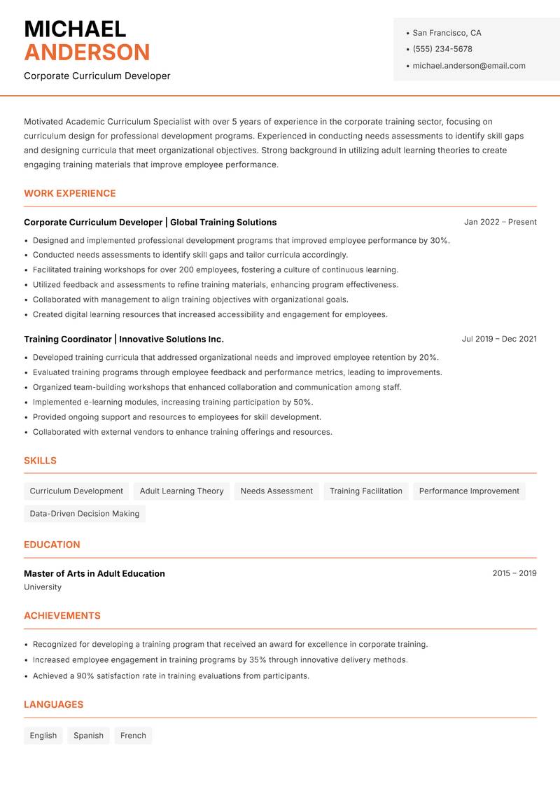 Academic Curriculum Specialist Resume Template