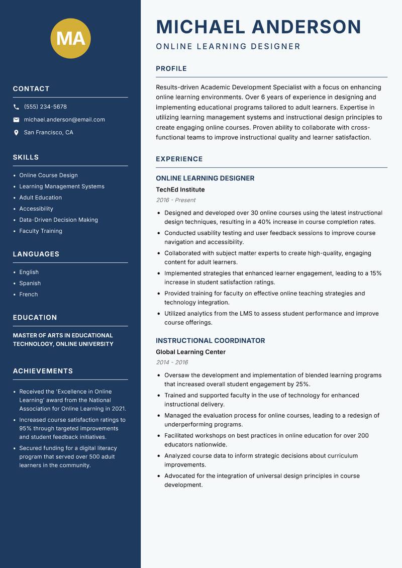 Academic Development Specialist Resume Preview Example