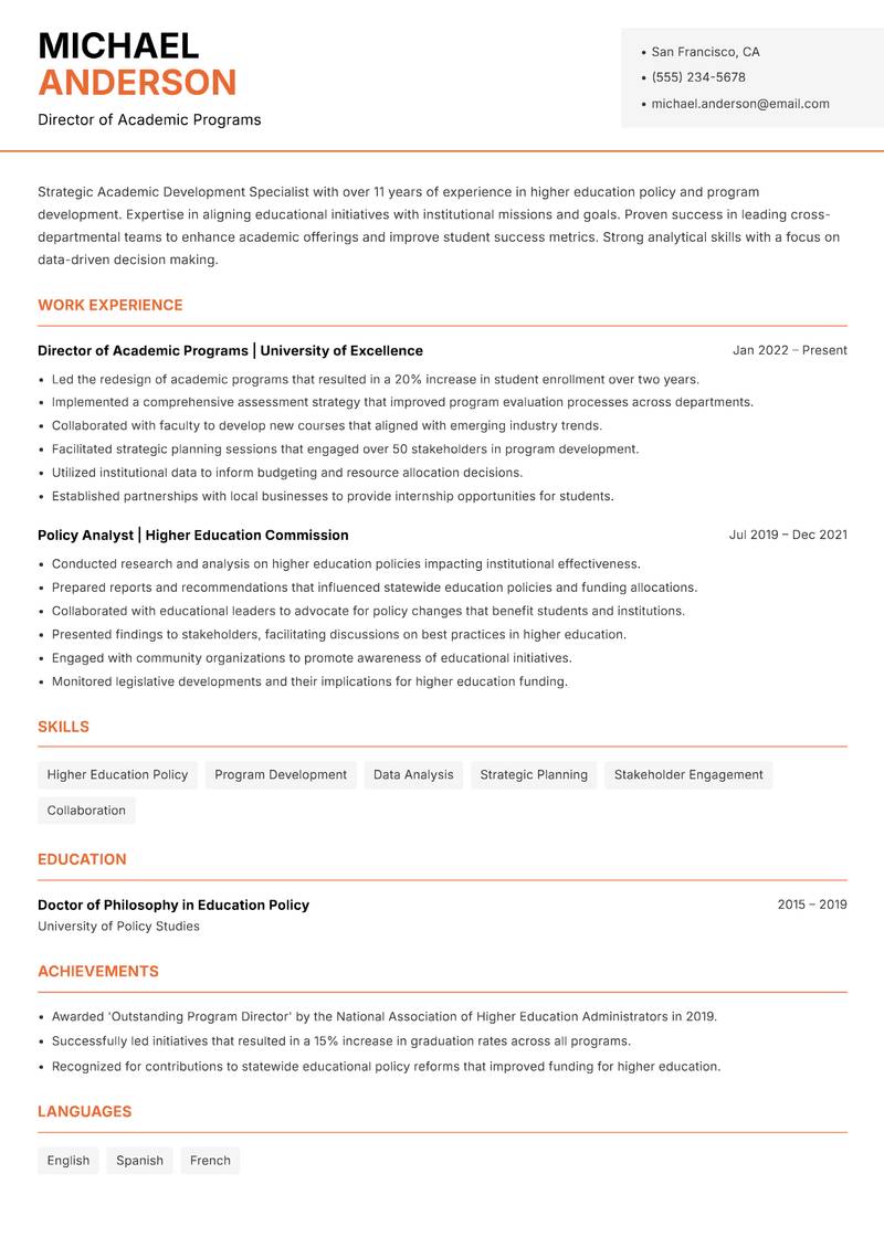 Academic Development Specialist Resume Template