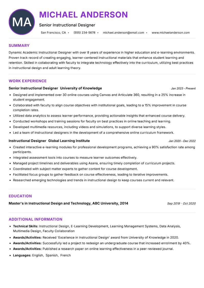 Academic Instructional Designer Resume Preview Example