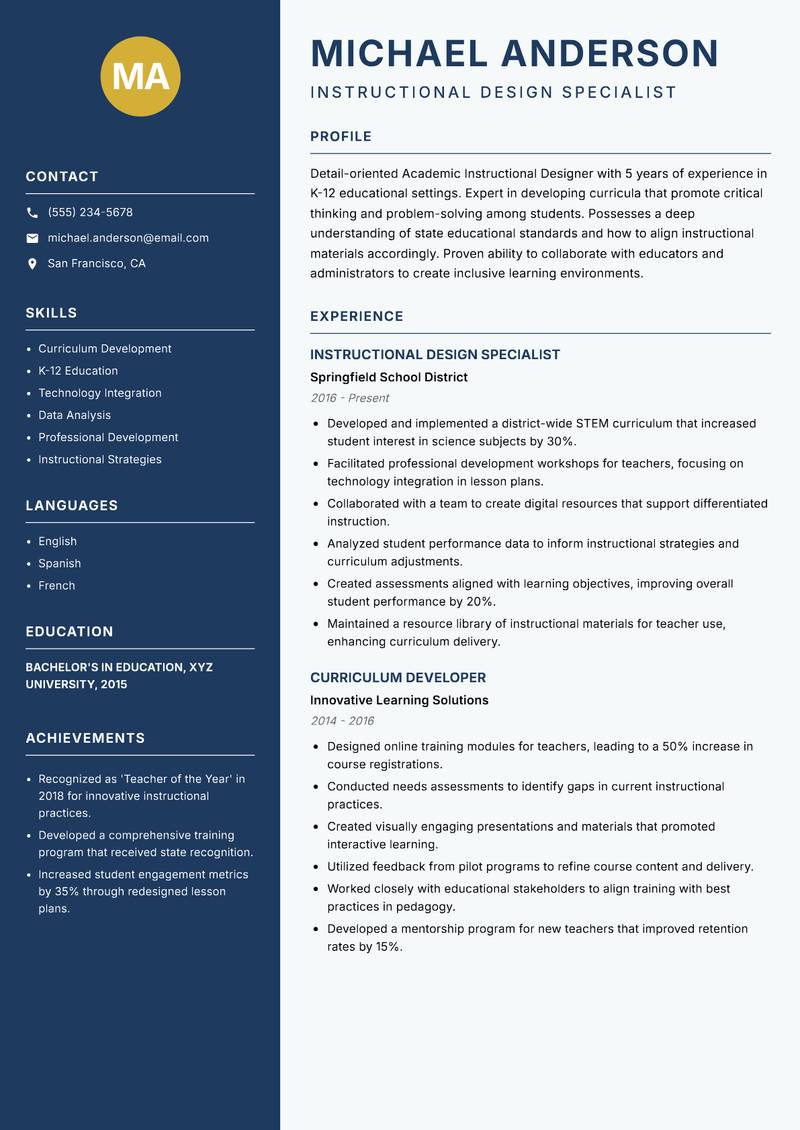 Academic Instructional Designer Resume Preview Example