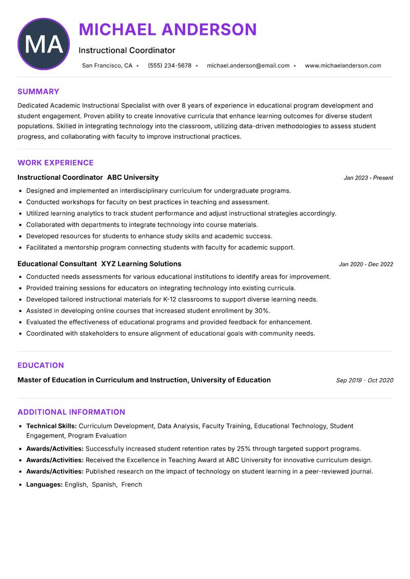 Academic Instructional Specialist Resume Preview Example