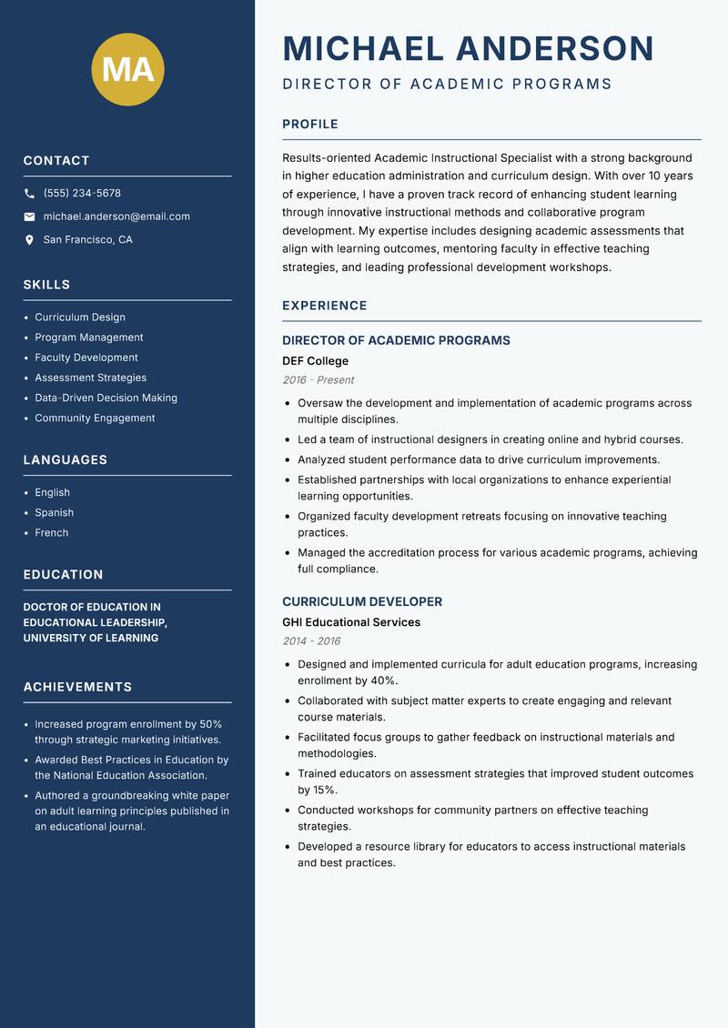 Academic Instructional Specialist Resume Preview Example