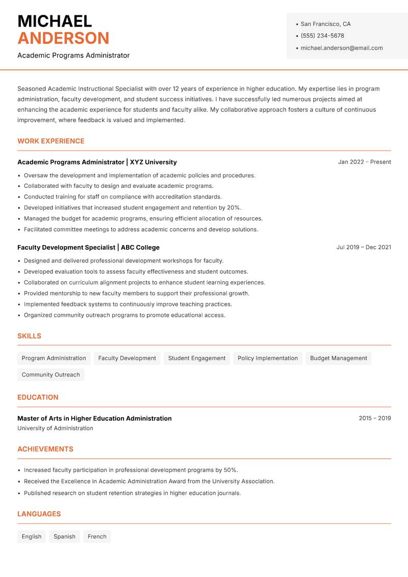 Academic Instructional Specialist Resume Template