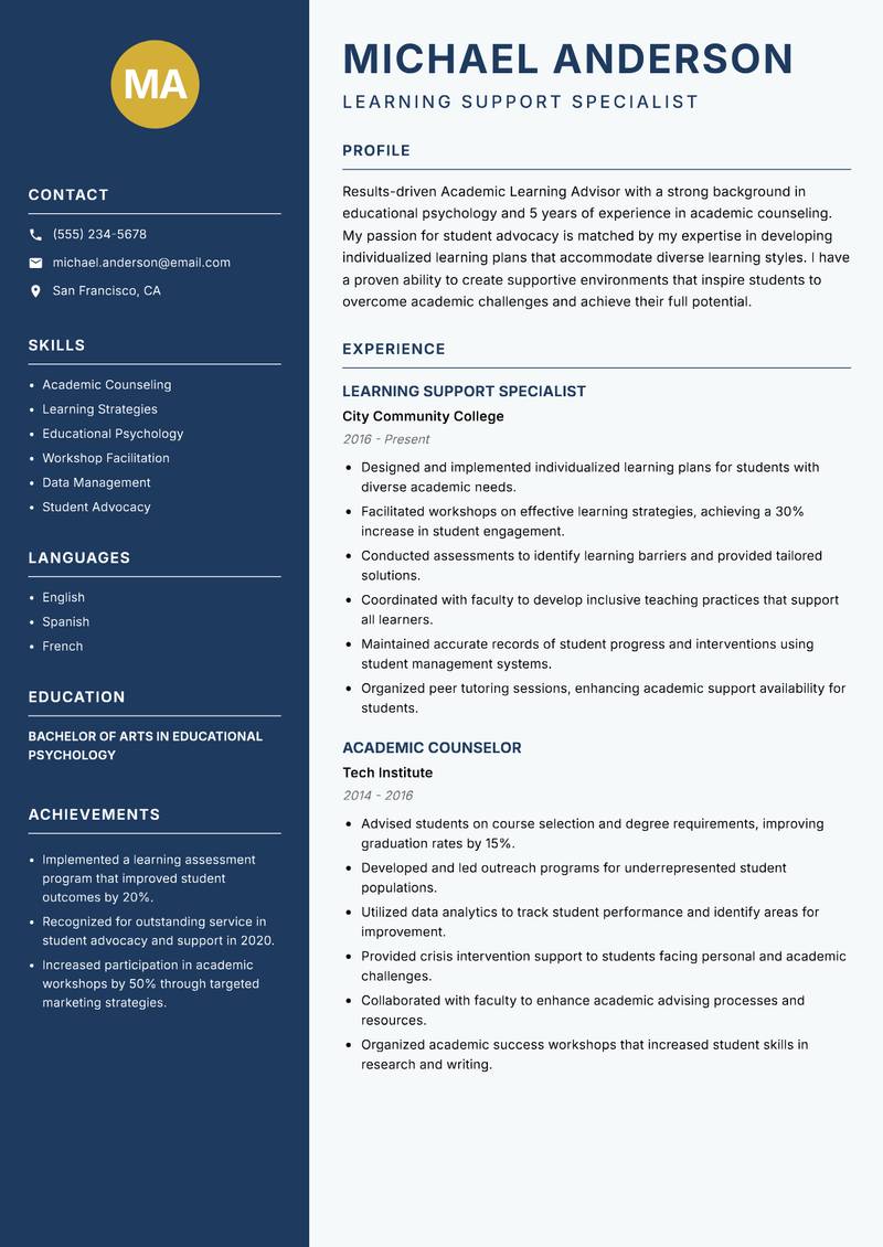 Academic Learning Advisor Resume Preview Example