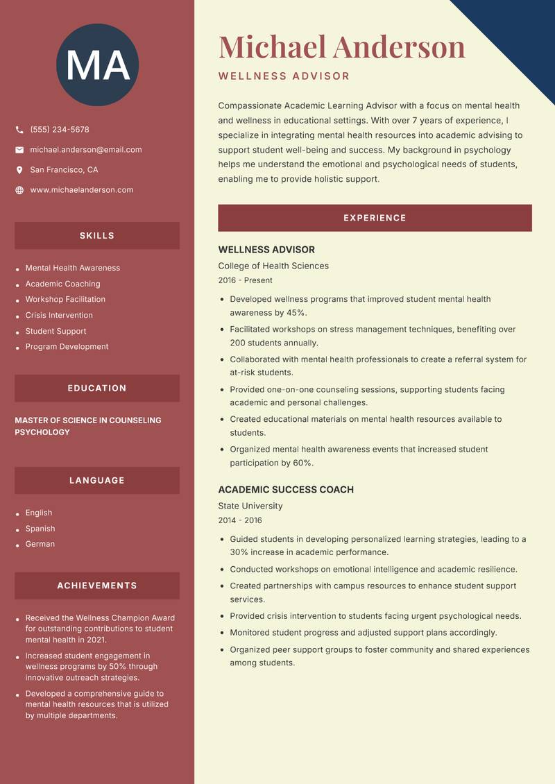 Academic Learning Advisor Resume Preview Example