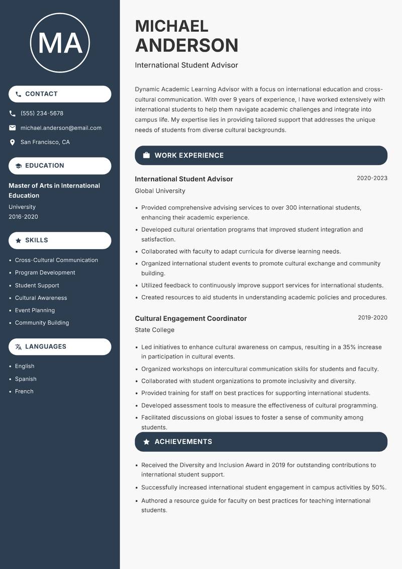 Academic Learning Advisor Resume Preview Example