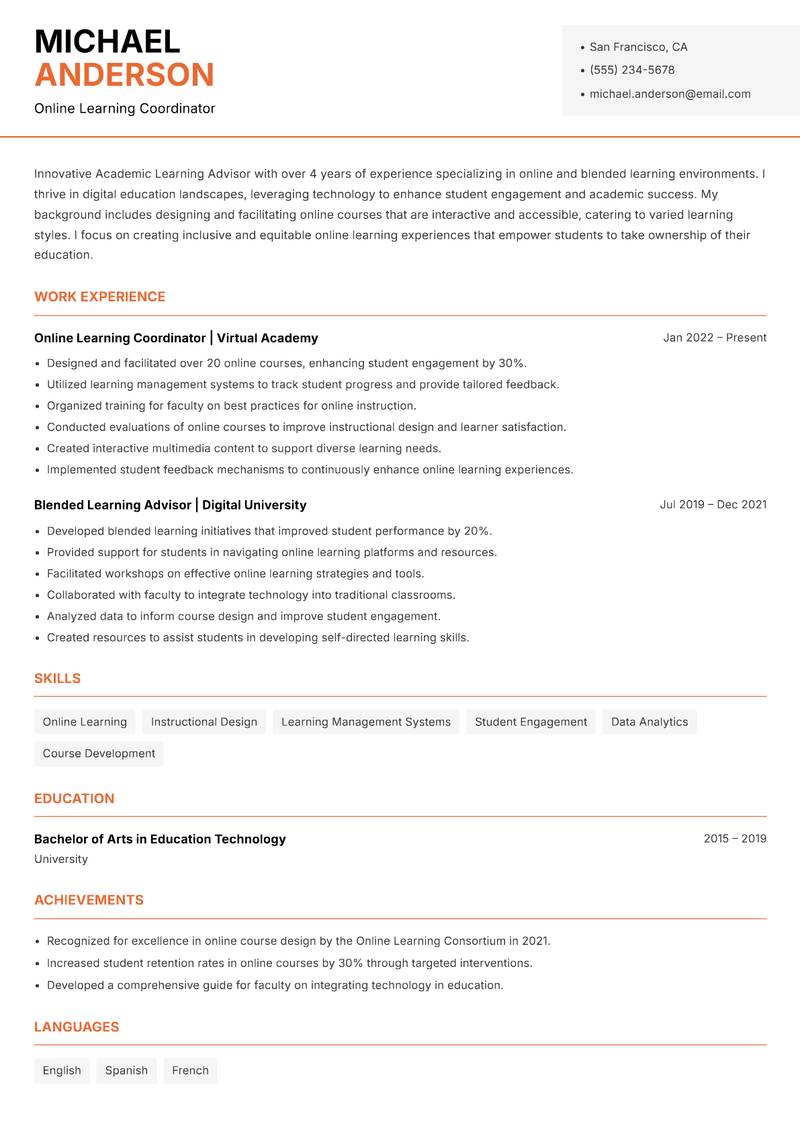 Academic Learning Advisor Resume Template