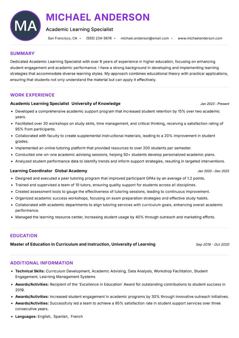 Academic Learning Specialist Resume Preview Example