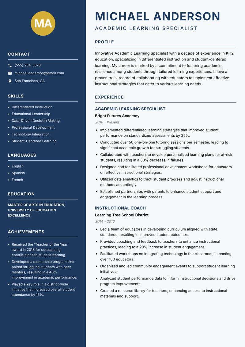 Academic Learning Specialist Resume Preview Example