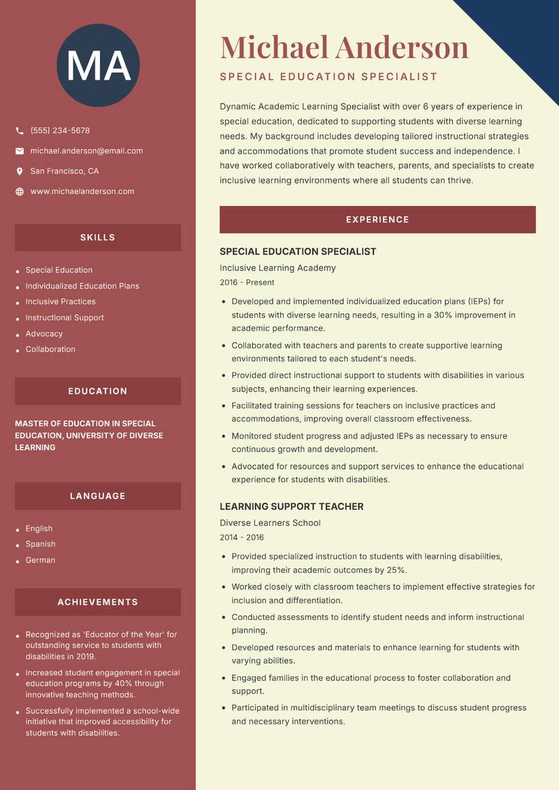 Academic Learning Specialist Resume Preview Example
