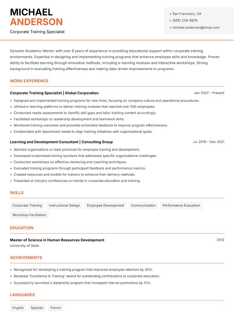 Academic Mentor Resume Template