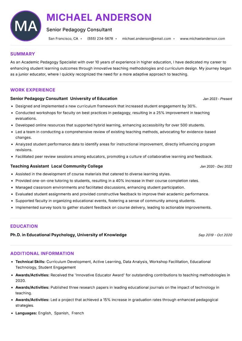 Academic Pedagogy Specialist Resume Preview Example