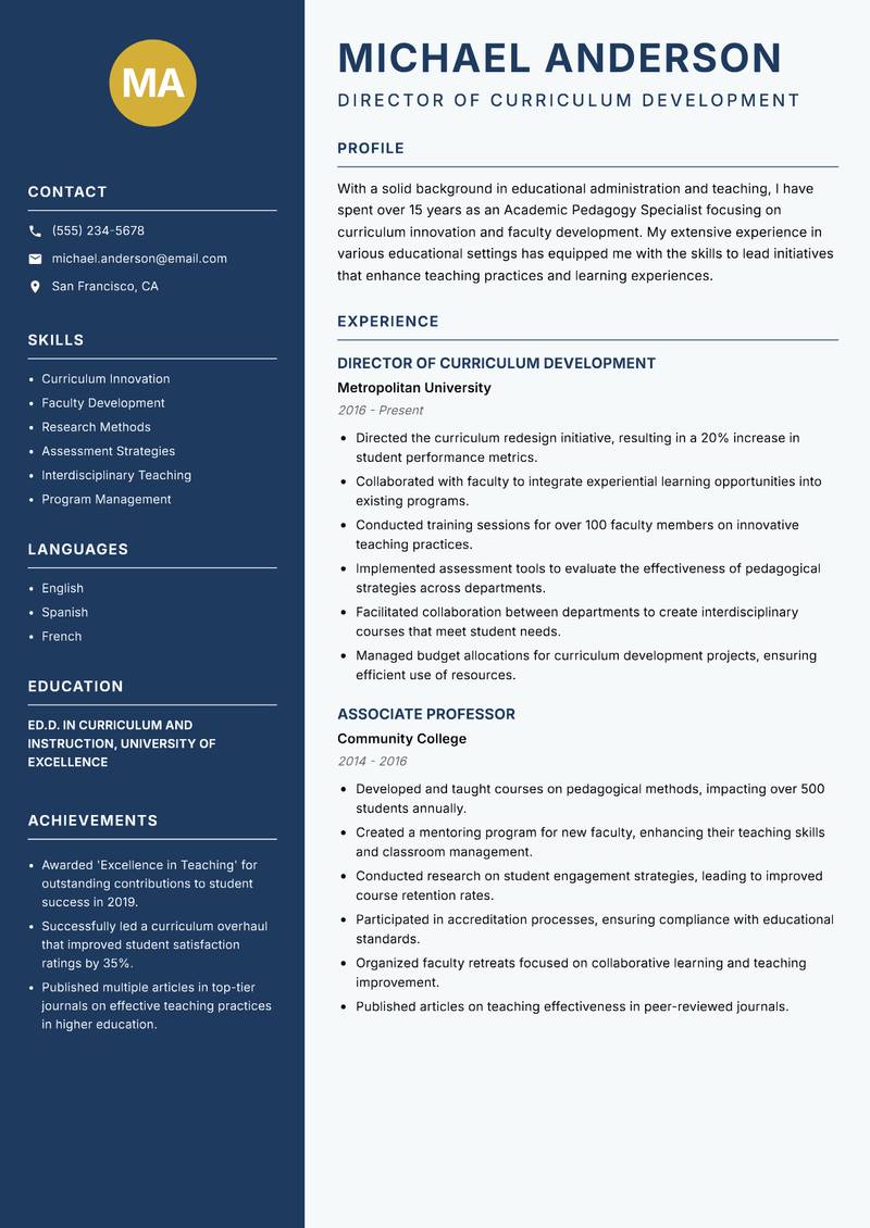 Academic Pedagogy Specialist Resume Preview Example