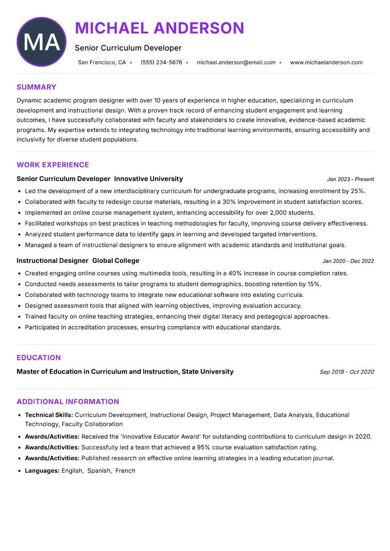 Academic Program Designer Resume Preview Example