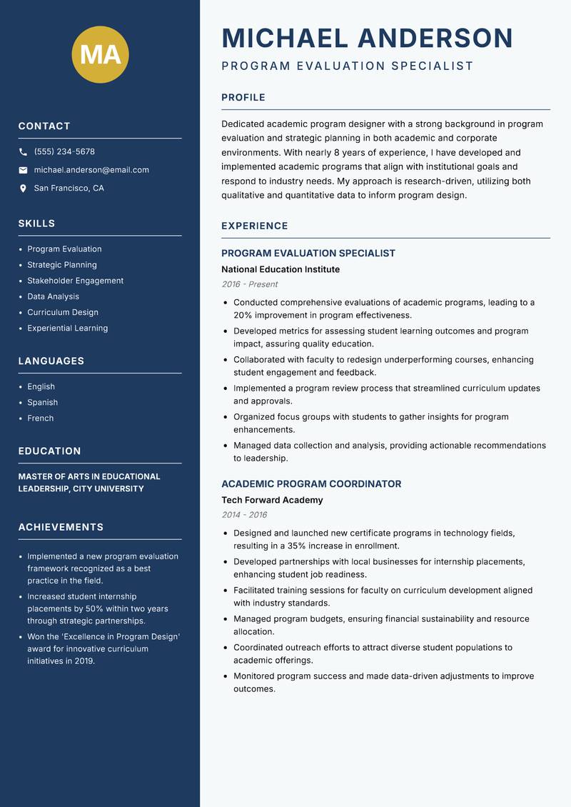 Academic Program Designer Resume Preview Example