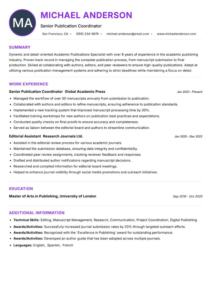 Academic Publications Specialist Resume Preview Example