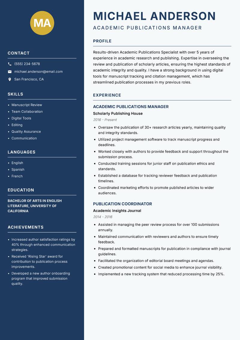 Academic Publications Specialist Resume Preview Example