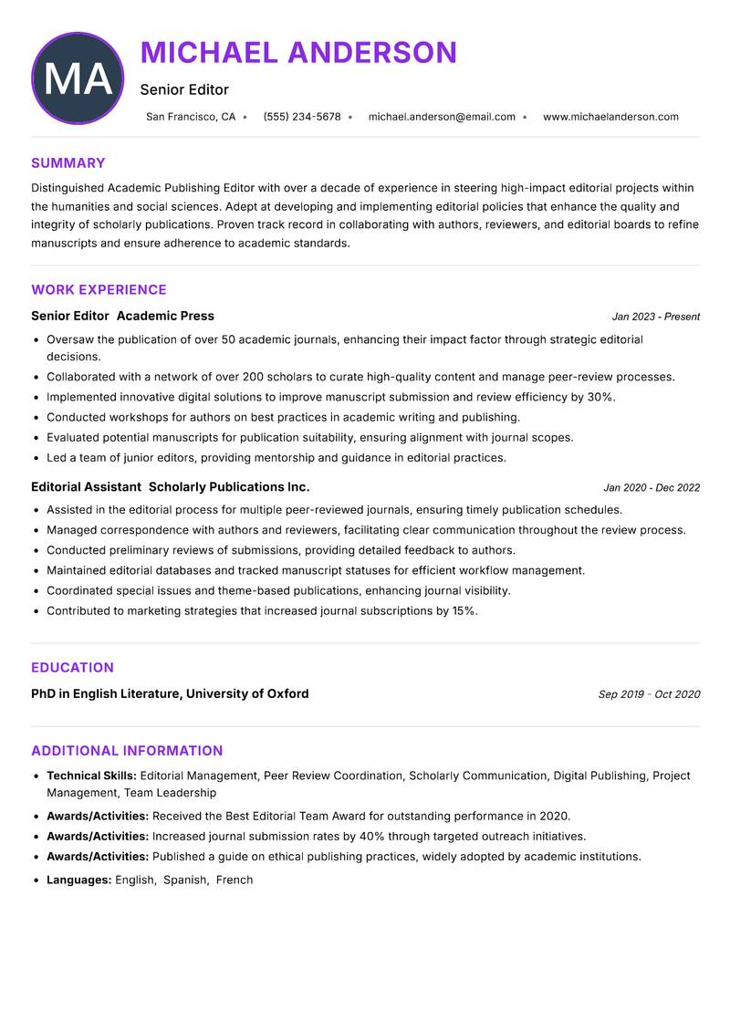 Academic Publishing Editor Resume Preview Example