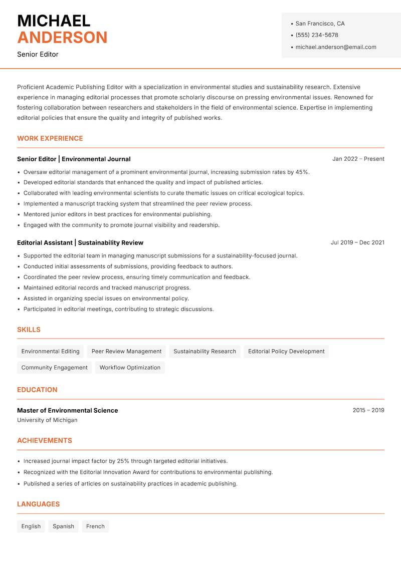 Academic Publishing Editor Resume Template