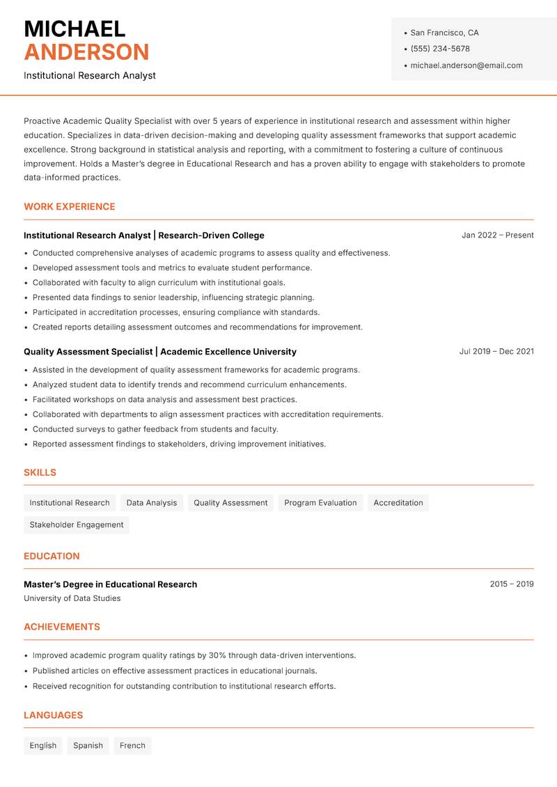 Academic Quality Specialist Resume Template
