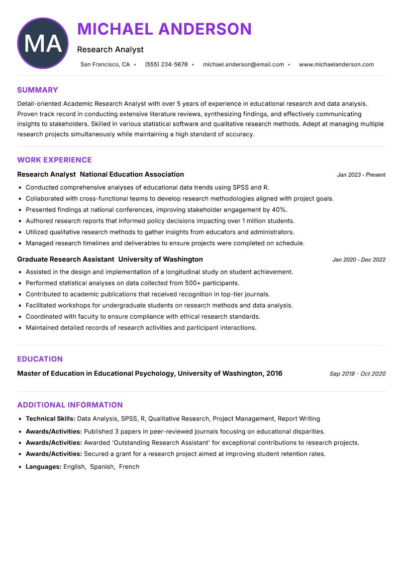 Academic Research Analyst Resume Preview Example