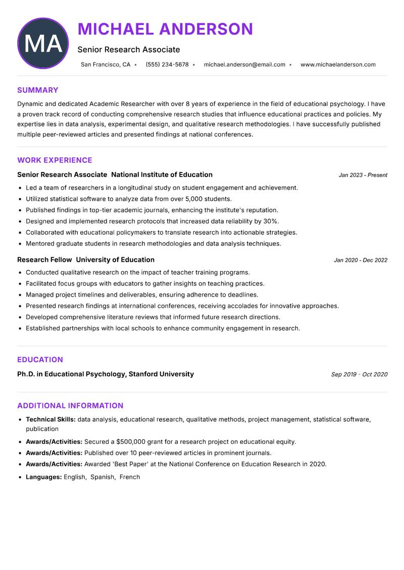 Academic Researcher Resume Preview Example
