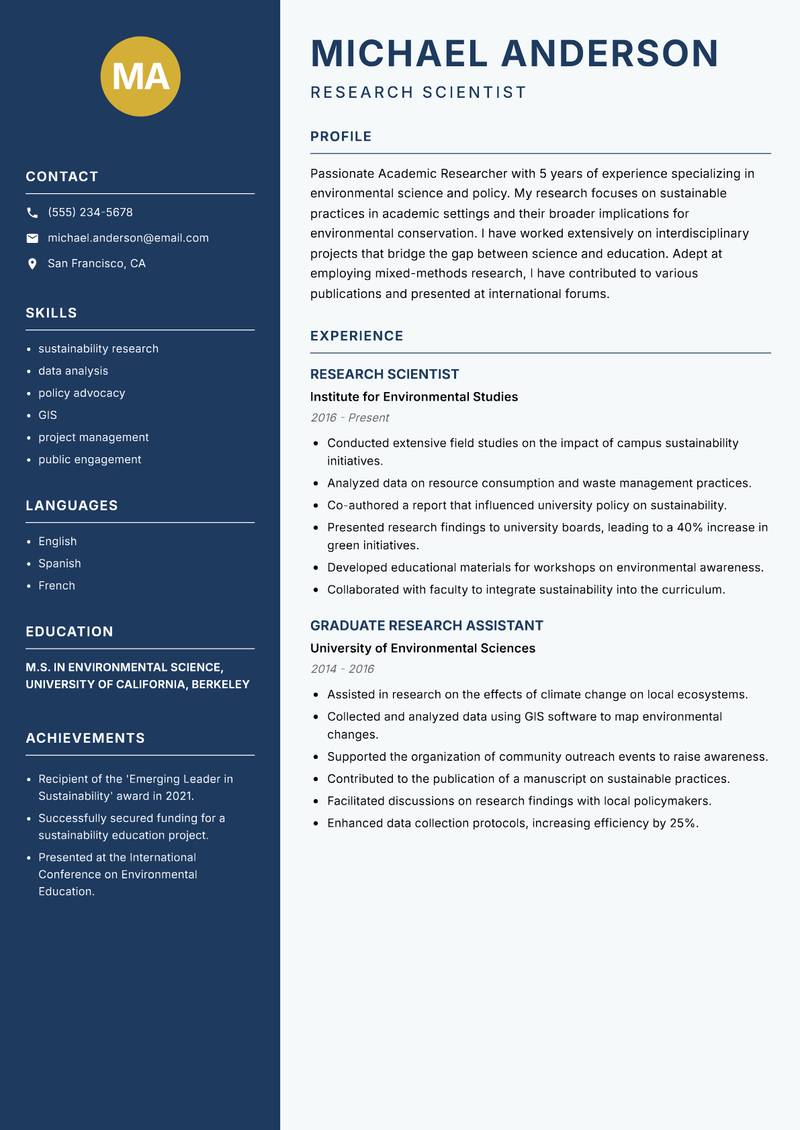 Academic Researcher Resume Preview Example