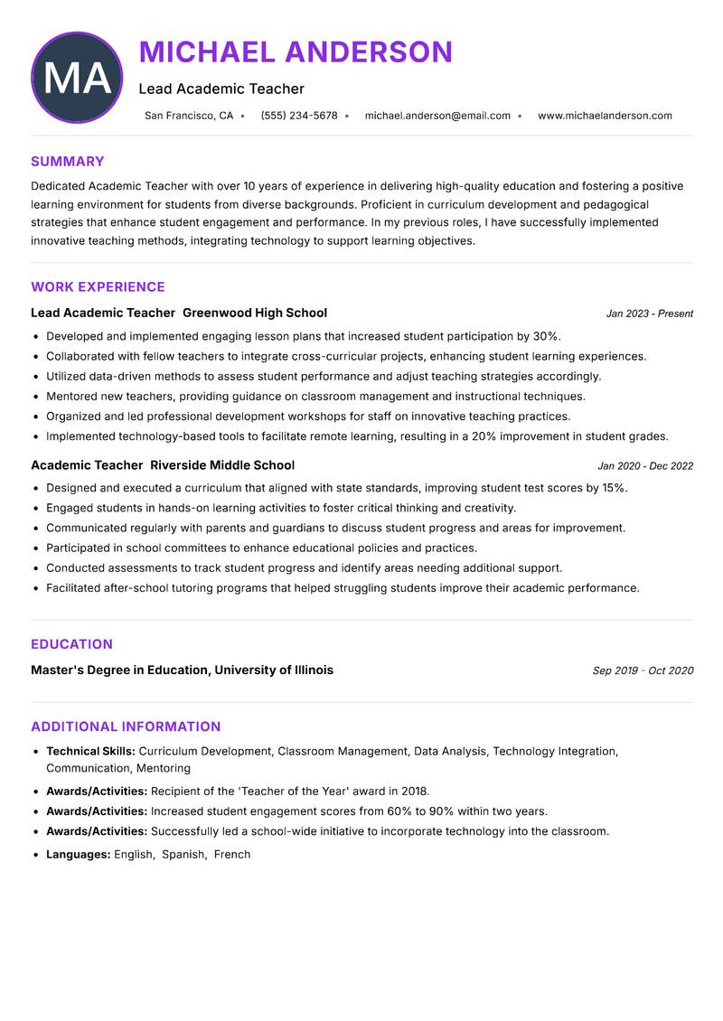 Academic Teacher Resume Preview Example