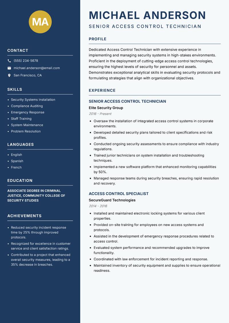 Access Control Technician Resume Preview Example